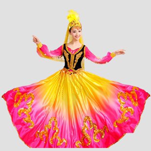 新疆维吾尔族舞蹈演出服男女民族长裙，连体大摆裙舞台表演服装成人