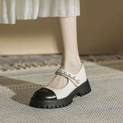 厚底英伦风小皮鞋女2024春季白色粗跟浅口单鞋，法式玛丽珍鞋子