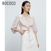 rococo夏粉色(夏粉色，)甜美娃娃领短款气质通勤雪纺，衫上衣女