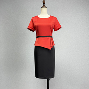 品牌折扣红色短袖连衣裙女2023夏高腰修身显瘦假两件红配黑包臀裙