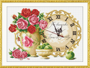 2024十字绣花瓶玫瑰花线绣卧室，钟表古典家用餐厅装饰挂画