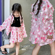 女童韩版花朵防晒套装2023夏装，宝宝洋气两件套儿童长袖短裤薄