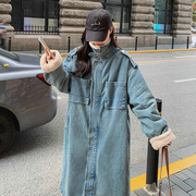 韩国羊羔毛牛仔派克服女冬季韩系加绒加厚中长款过膝棉服外套