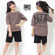 日本N系列女童大童夏季天竺纯棉后背字母宽肩小蝙蝠袖短袖圆领T恤