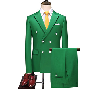 绿色主持人西服两件套男士双排扣正装潮青年商务休闲职业上班外套