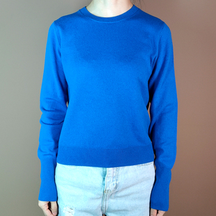 经典圆领套头衫羊毛羊绒长袖宝蓝色短款高品质毛衣修身针织衫