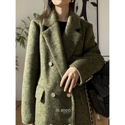 秋冬韩国高端绿色加厚双面羊毛羊绒大衣长款西装领黑色毛呢外套女