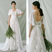 新娘婚纱荷叶袖超显瘦设计师V领气质长裙超仙森系草坪婚纱旅拍纱