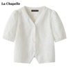 拉夏贝尔/La Chapelle蕾丝V领短袖衬衫女夏气质白色小衫上衣