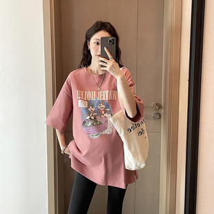 孕妇短袖t恤卡通动漫，纯棉粉色夏季韩版宽松中长款上衣打底衫