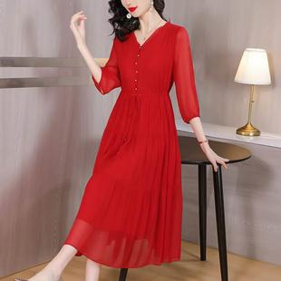 年桑蚕丝衣裙女夏季仙女气连宽松显瘦红色真丝质雪纺裙