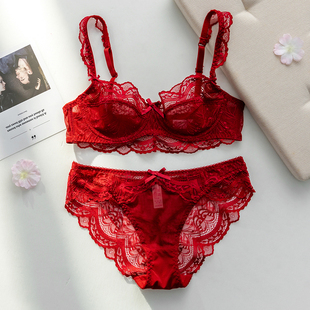 大码文胸套装性感透明超薄款蕾丝网，纱镂空无海绵女士内衣红色夏季