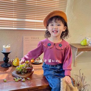 女童韩版纯色花朵打底衫儿童洋气，坑条拼线娃娃领上衣宝宝长袖t恤