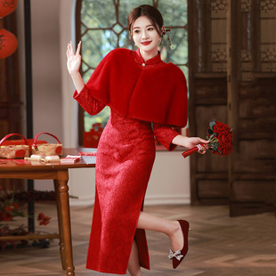 红色蕾丝长款改良旗袍2023年轻款女复古中长袖，日常连衣裙春秋