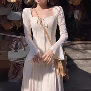 纯白温柔春季女装优雅气质连衣裙蕾丝拼接设计感小众长裙子