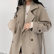 韩国chic秋冬复古气质，双排扣翻领系带，收腰中长款毛呢外套呢子大衣