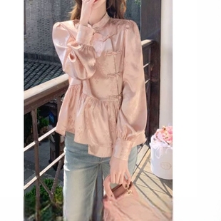 2024春季新中式国风，女装小个子粉色衬衫，上衣设计感小众衬衣