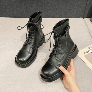 2022时尚擦色马丁靴韩版皮带扣系带拉链圆头中跟短靴女靴子潮