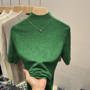 半高领五分袖羊绒针织衫女2024春秋肌理感绿色中袖打底衫上衣
