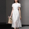 2023夏季名媛气质法式蕾丝，复古泡泡袖收腰，白色连衣裙礼服裙