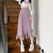 紫色高腰牛仔半身裙女冬季不规则流苏设计感中长款显瘦大码a字裙