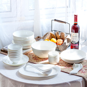 纯白骨瓷餐具套装简约中式北欧创意陶瓷，汤面碗盘30头6人家用碗碟