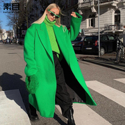 素目时尚博主同款绿色超长款，毛衣外套女高端大衣外套2023秋冬