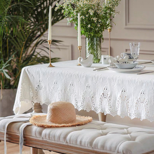 misspeony白色棉麻防水防油桌布，法式镂空蕾丝轻奢北欧美式餐桌垫