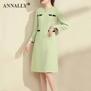 annally2024春季气质优雅小香风修身a字中长款浅绿色，连衣裙女