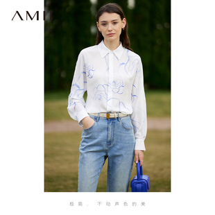 Amii2024春季设计师手绘玫瑰雪纺衬衫蝙蝠袖白衬衣法式上衣女