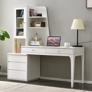 实木书桌书架一体式儿童学习桌，家用可伸缩学生，书柜卧室台式写字台