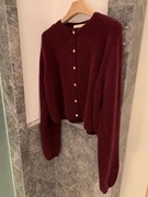 酒红色毛衣开衫外套，女2023宽松慵懒马海毛，针织衫圆领上衣