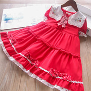 夏季女童大红色草莓绣花格子，翻领蝴蝶结裙摆雪纺，连衣裙童裙童装