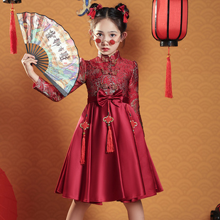 女童旗袍红色中国风儿童，新年礼服公主，裙女宝宝中式唐装拜年服春秋