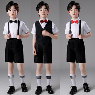 男童礼服背带2023儿童西装，马甲套装夏男孩(夏男孩，)表演服花童小西装帅