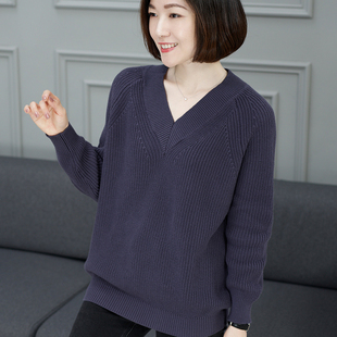中长款全棉外穿秋衣大码宽松胖mm灰色V领纯棉针织衫秋季新款女