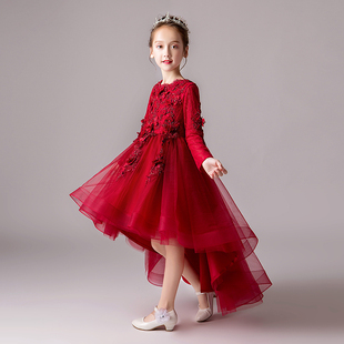 儿童礼服公主裙女童，生日红色长袖花童婚纱，主持人钢琴演出服秋冬季