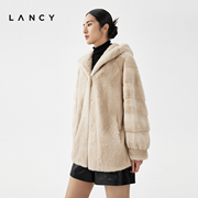 lancy朗姿2023秋冬宽松连帽水貂毛，皮草外套短款气质高档大衣