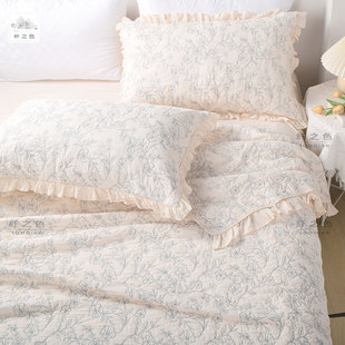 法式床盖三件套全棉纯棉绗缝被床盖，夹棉床单四季通用薄被带花边