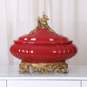 欧式古典大红色陶瓷配铜高档摆件美式别墅花瓶果盘婚庆工艺品