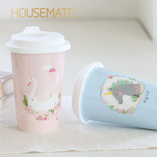 housemate陶瓷杯带盖带勺水杯，便携大容量学生，星咖啡杯随手杯