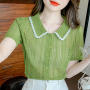 绿色翻领镂空短袖针织衫女薄款夏季甜美时尚气质，短款开衫体恤上衣
