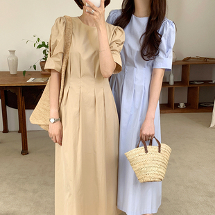 韩国chic夏季优雅气质圆领压褶高腰，显瘦泡泡袖大摆型连衣裙长裙女