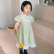 跨境童装夏季女童韩版小清新格子连衣裙女孩蕾丝花边长裙