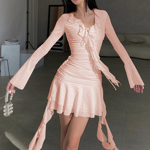 Ahagaga 欧美风时尚网纱透视连衣裙不规则荷叶边设计粉色长袖短裙