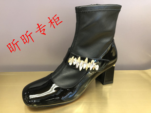 linearosa恋尚萝莎女鞋2023冬季水钻袜靴女粗高跟短靴子4t61408