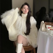 高领上衣2022冬季气质女神范名媛(范，名媛)风，白色外套加厚套头毛衣女(毛衣女)