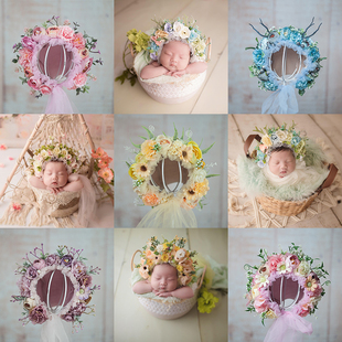 新生儿满月百天十岁成人花朵摄影写真外景影楼，拍摄道具头饰帽子