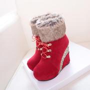冬季保暖雪地靴坡跟骑士，靴高跟鞋毛毛，棉鞋加绒短靴系带百搭潮女靴