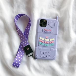 紫色爱心电话机适用苹果12手机壳iphone12promax软硅胶11潮xs带挂绳xr网红7plus潮4s保护套se小四5s萌6sp女8